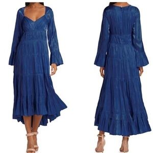 New Cinq à Sept Nina Tiered Satin Blue Eclipse Cocktail Midi Dress NWT Size 4